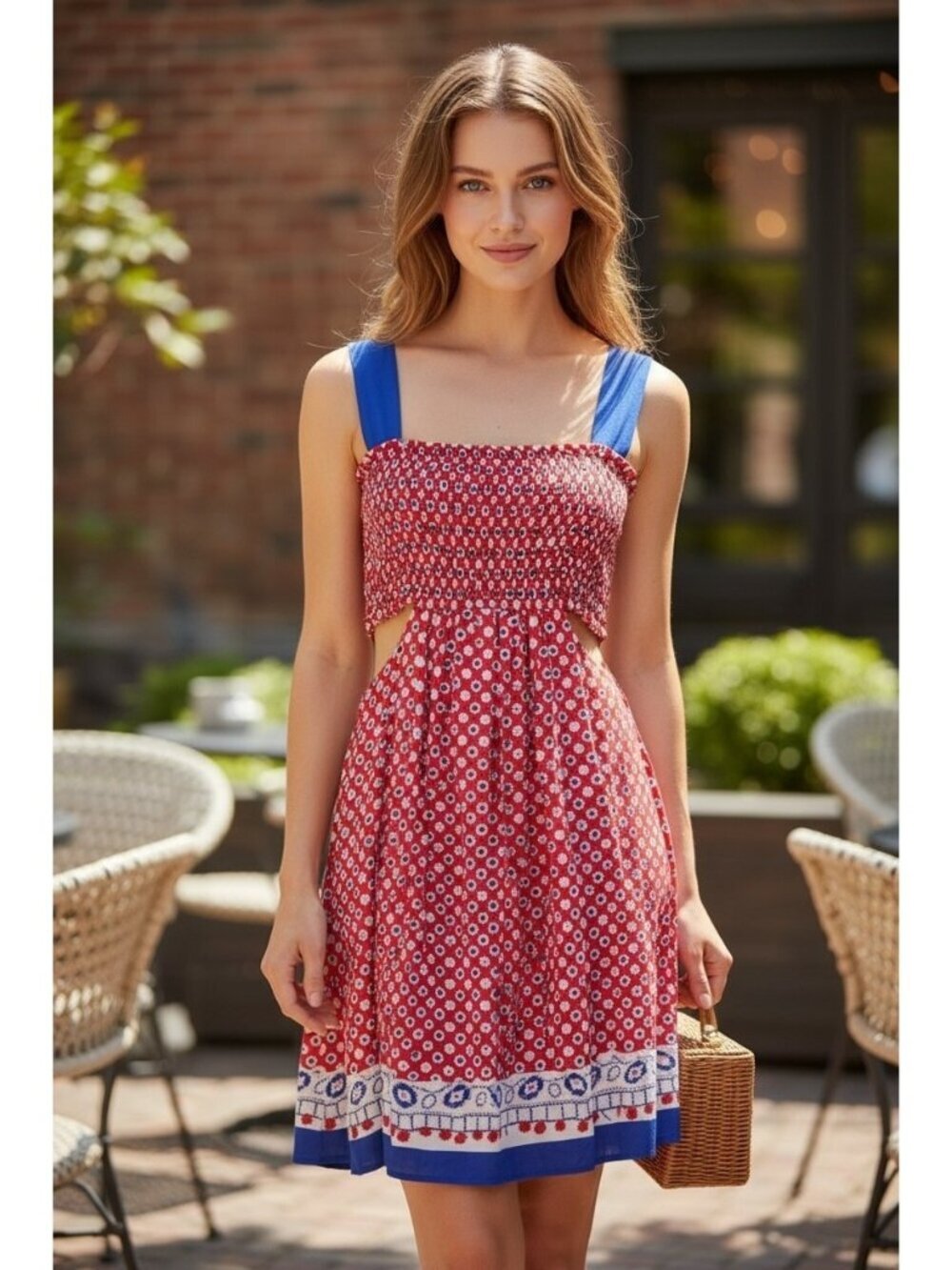 Anthropologie Celandine Red Blue Smocked Cutout Midi Dress Boho Sundress Size M